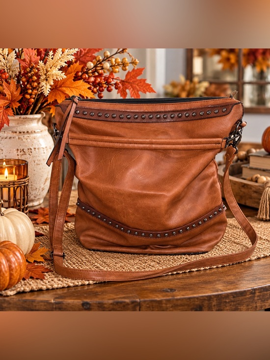 Handbags - Classic Studded Crossbody Bag - Brown. Very large gorgeous bag.
